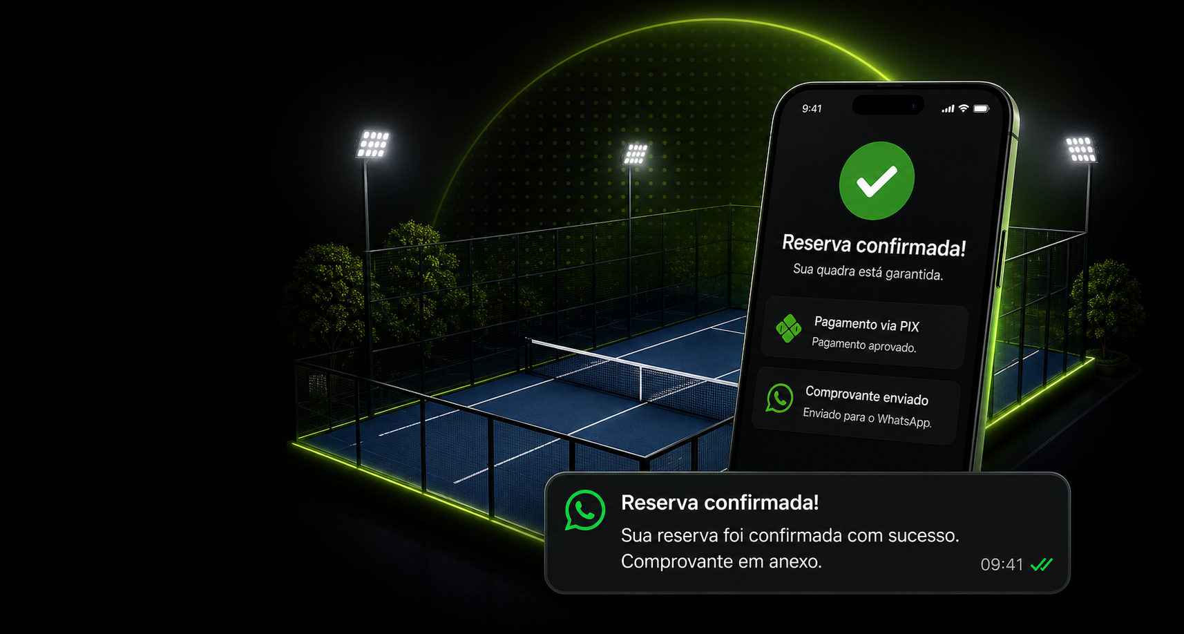 Pessoa recebendo notificação de confirmação de reserva no WhatsApp em um celular, com uma arena esportiva ao fundo
