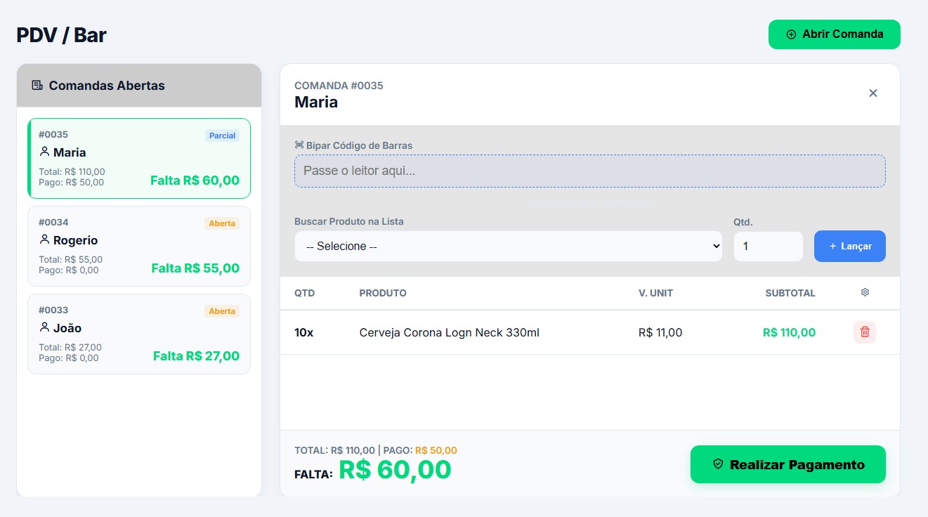 Tela do PDV do sistema de gestão para arenas esportivas